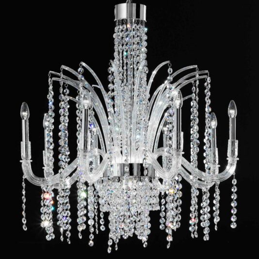 Murano Glass Cascade Chandelier The Murano Glass Cascade Chandelier exudes elegance with its numerous curved glass arms decorated with teardrop-shaped crystals. The central column and arms are draped in cascading crystal strands, which reflect light to produce a dazzling effect against a black backdrop.
