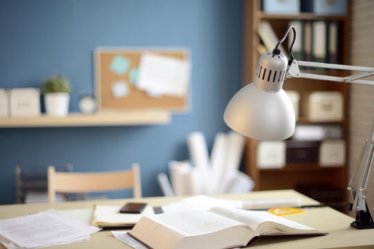 A study desk with an open book, papers, a smartphone, and a pen. A desk lamp illuminates the workspace. In the background, there is a bulletin board with various papers pinned, a shelf with books and files, and a potted plant to style your home office perfectly.
