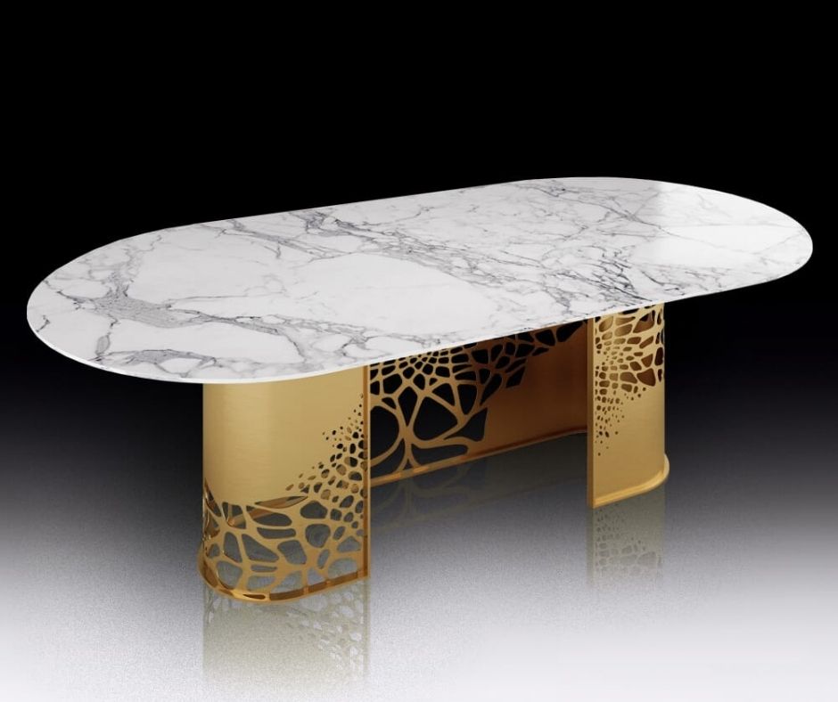 Luxury oval white marble dining table with stunning, abstract design, brushed brass, curved base
