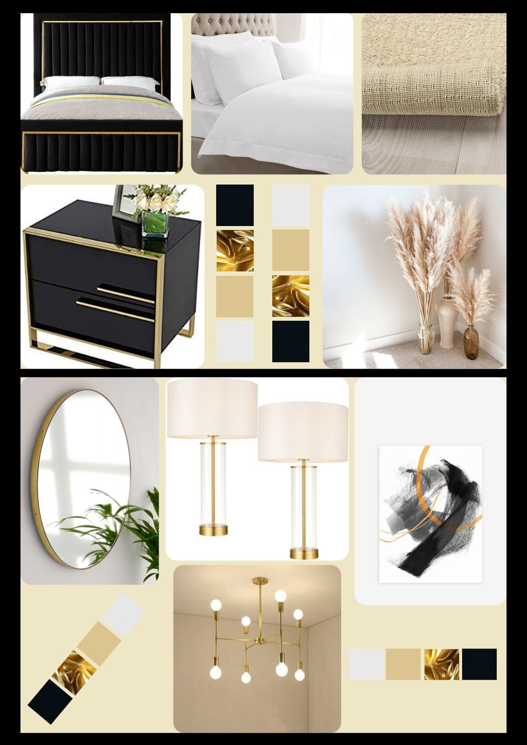 online interior design course, mood board, black and gold, warm neutrals, textures