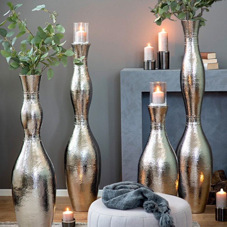 Tall Nickel Plated Vase Or Candle Stand Set