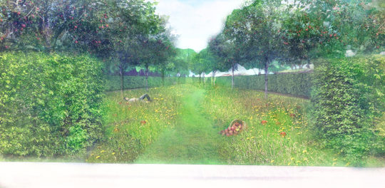 A lush garden with a grassy path flanked by hedges and trees, reflecting the latest garden trends. Two people relax in the grass, surrounded by wildflowers. The background reveals more trees and distant rolling hills under a bright sky.