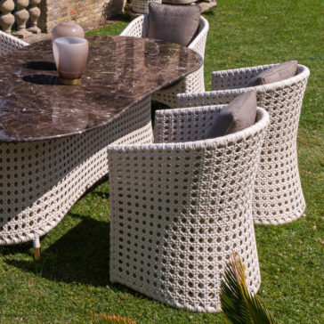 Rattan Style Outdoor Oval Marble Dining Set