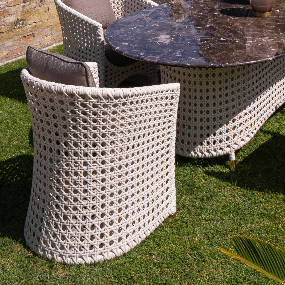 Rattan Style Outdoor Oval Marble Dining Set
