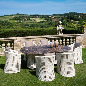 Rattan Style Outdoor Oval Marble Dining Set