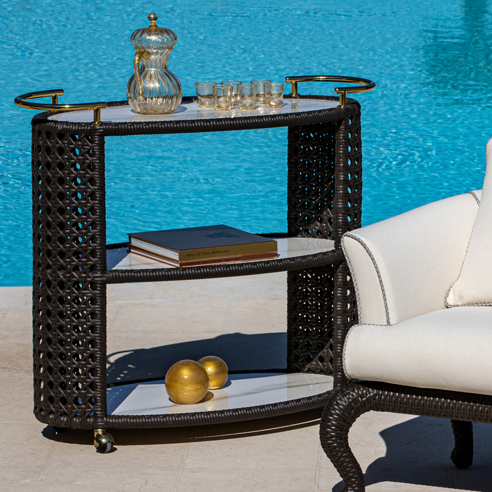 Outdoor Rattan Style Marble Drinks Trolley