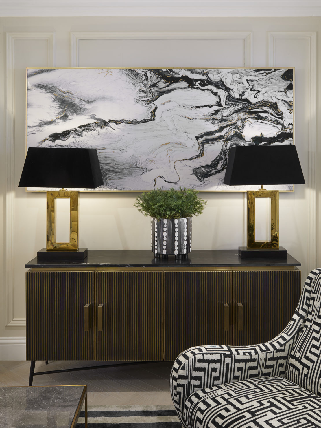 Side board with two matching brass based lamps