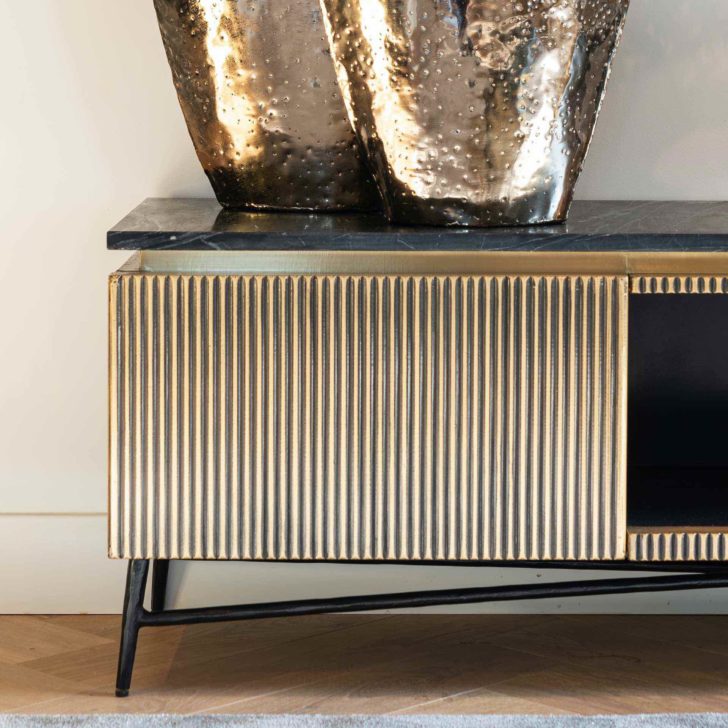 Ribbed Design And Black Marble TV Unit