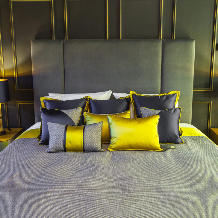 Velvet Bed With Tall Panelled Headboard