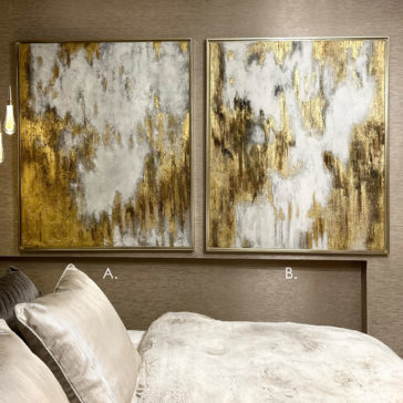 Original Gold Leaf Abstract Painting A bedroom featuring two Original Gold Leaf Abstract Paintings side by side above the bed. The painting labeled