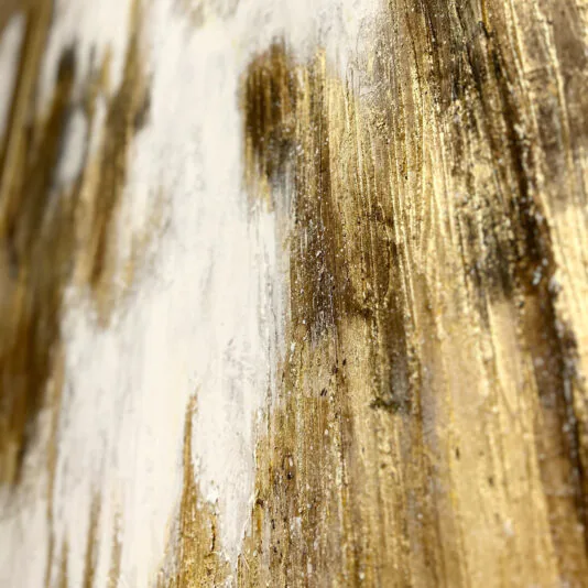Original Gold Leaf Abstract Painting The Original Gold Leaf Abstract Painting includes a blend of white, gold, and brown hues creating a textured surface. The gold areas provide a metallic sheen, while the white and brown add significant depth and contrast to the composition.