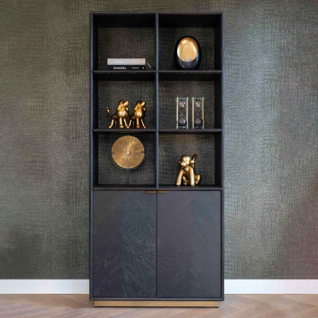 Black Oak And Brushed Gold Effect Display Cabinet