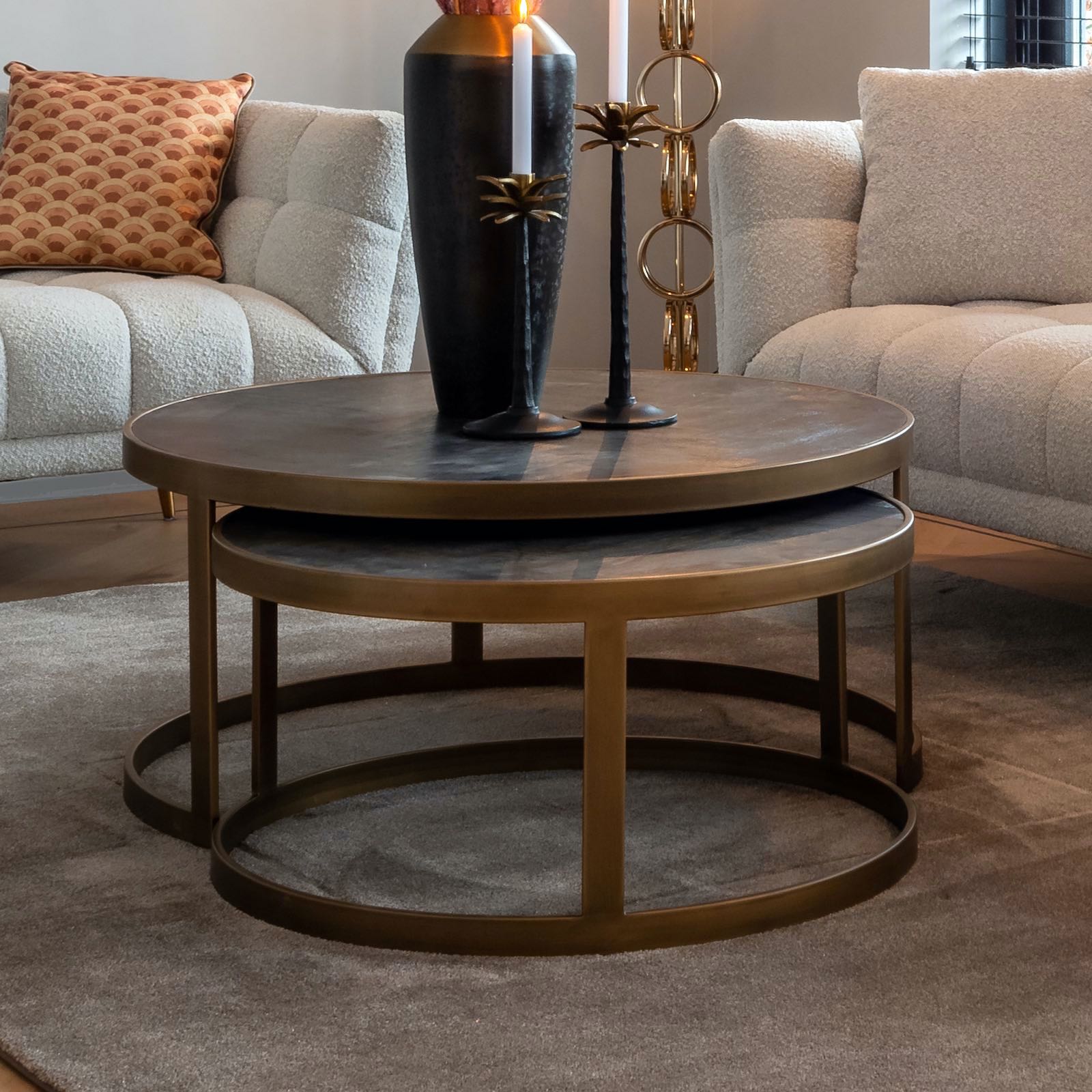 Black Oak And Brushed Gold Finish Coffee Table Nest