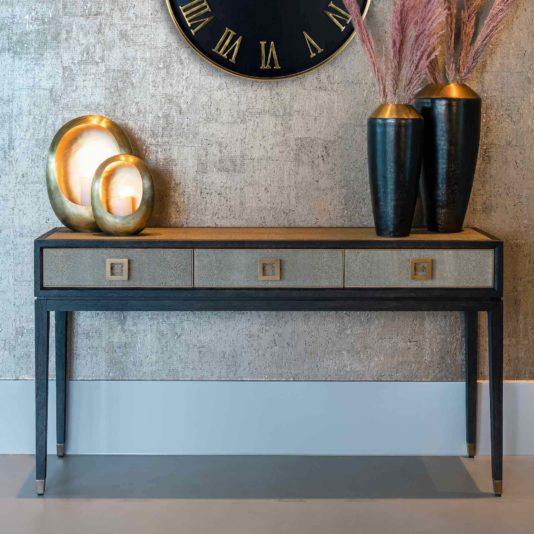 Black Oak And Faux Leather Console, Black Leather Console Table