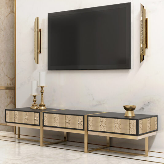 Art Deco Inspired TV Unit A modern living room with a wall-mounted flat-screen TV above the