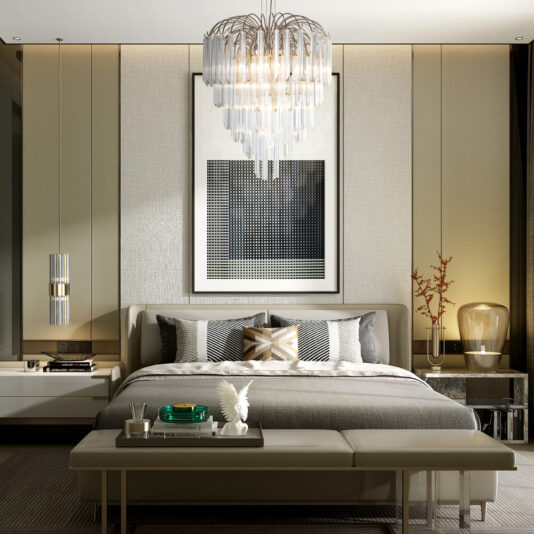 Art Deco Style Chandelier A modern bedroom showcases a central bed with gray and white bedding, complemented by a geometric wall art piece overhead. The elegant Art Deco Style Chandelier hangs above, while side tables with lamps and decor enhance the room's sleek design and neutral palette.
