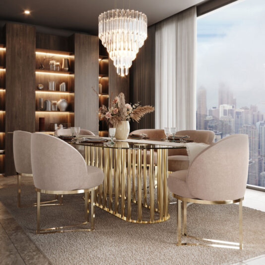 Art Deco Style Chandelier A luxurious dining room with a modern gold table surrounded by six beige upholstered chairs. The room features a large window with a cityscape view, an Art Deco Style Chandelier, built-in wooden shelving displaying decorative items, and a beige carpeted floor.