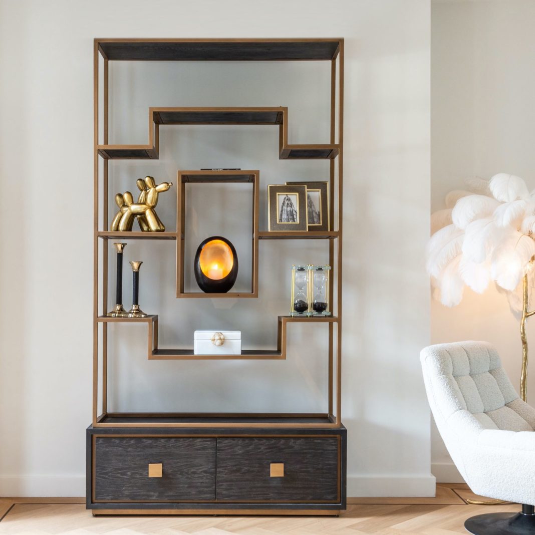 Black Oak And Brushed Gold Effect Wall Cabinet