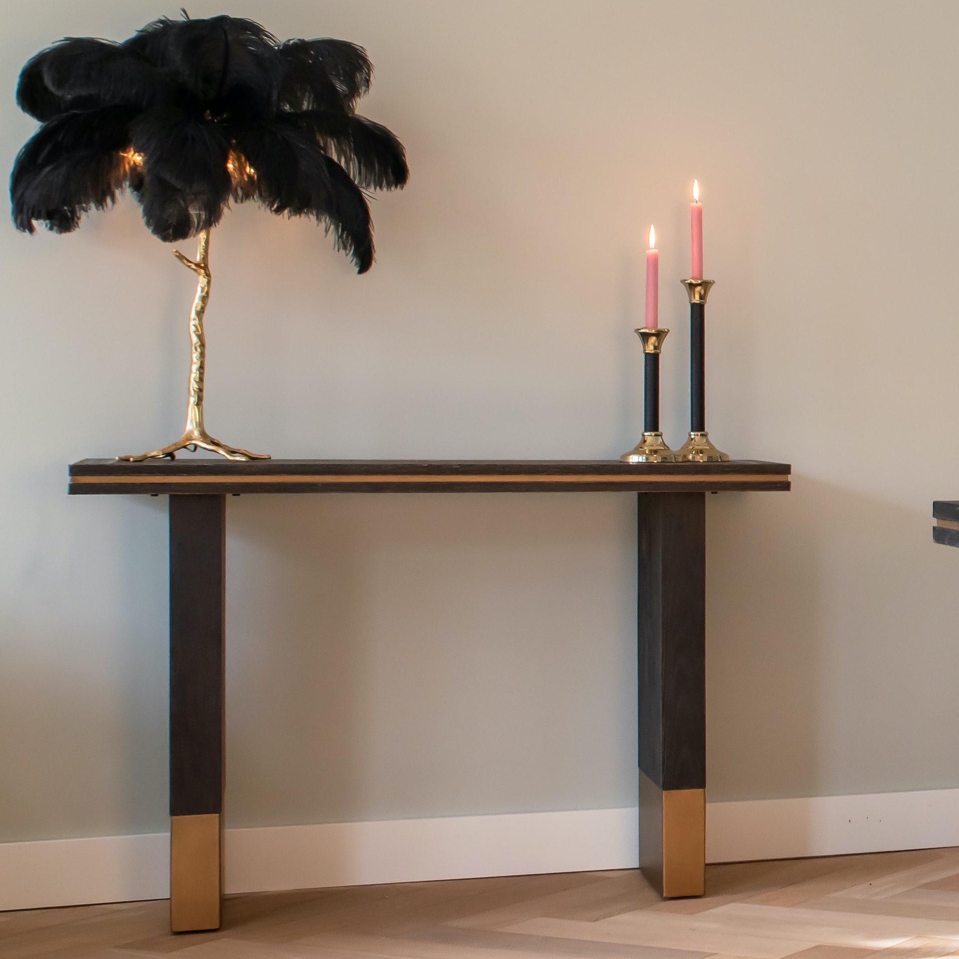 Brushed Gold Effect And Black Oak Console Table