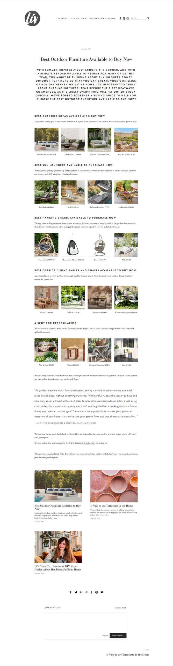 A webpage displaying a curated selection of the best outdoor furniture available for purchase. Includes sections for best outdoor sofas, sun loungers, dining chairs, dining tables, fire pits, and accessories, each with product images, descriptions, and links to buy.