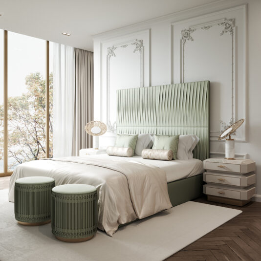 Luxury Bed With Tall Satin Pleated Headboard Luxury Bed With Tall Satin Pleated Headboard