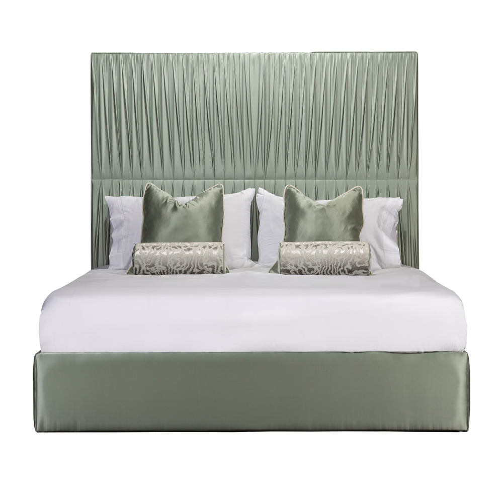 Luxury Bed With Tall Satin Pleated Headboard