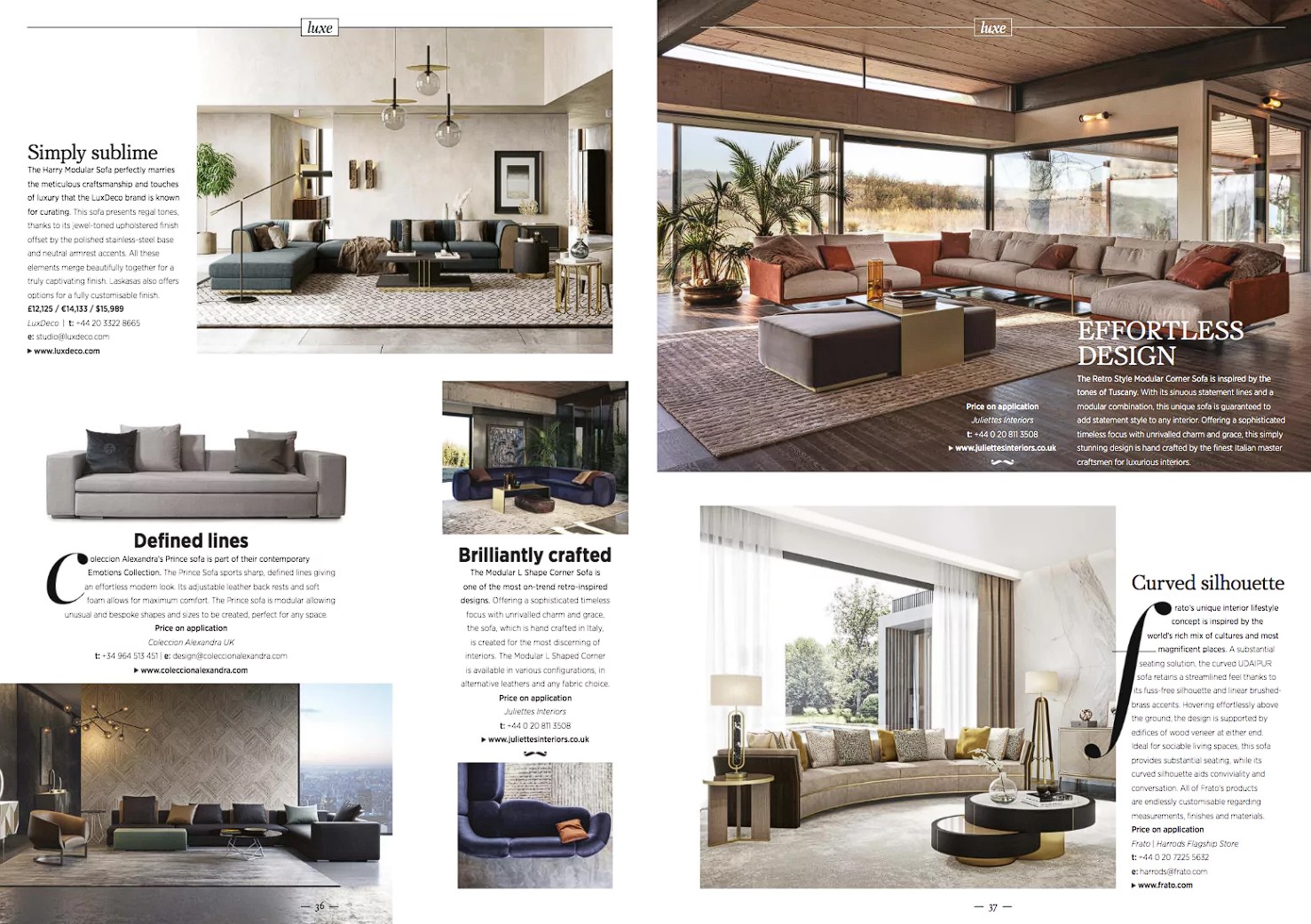 A magazine spread showcasing modern interior designs with stylish sofas and elegant living rooms. The layout features effortless design and various furniture pieces, accompanied by descriptive text about their craftsmanship, set against a backdrop of contemporary decor in international properties.