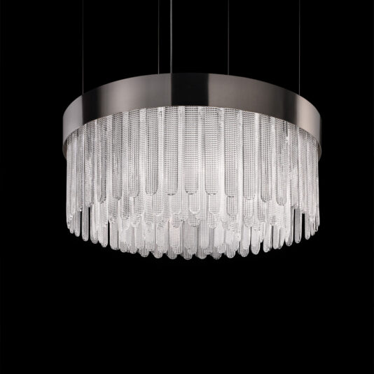 Introducing the Contemporary Venetian Glass Chandelier: a luxurious round chandelier featuring a sleek black frame adorned with cascading rows of translucent, cylindrical Venetian glass pendants. This modern light fixture, set against a black background, exudes an elegant and sophisticated design.
