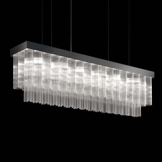 The Contemporary Glass Chandelier showcases an elegant design, with numerous rows of vertical, cylindrical glass tubes suspended from a black metal frame. These glass tubes come in different lengths to create a stunning layered look and provide bright, evenly distributed light against the sleek black background.