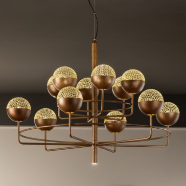 Large Modern Round Pendant Chandelier The Large Modern Round Pendant Chandelier boasts a metal framework adorned with multiple spherical light fixtures. Each fixture is encased in a gold, mesh-like cover, enhancing the stylish and sophisticated appearance of the chandelier. It is elegantly suspended from the ceiling by a central rod.