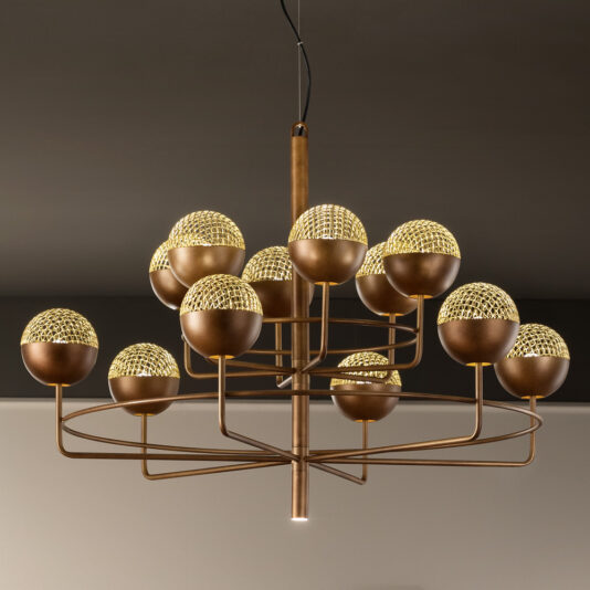 The Large Modern Round Pendant Chandelier boasts a metal framework adorned with multiple spherical light fixtures. Each fixture is encased in a gold, mesh-like cover, enhancing the stylish and sophisticated appearance of the chandelier. It is elegantly suspended from the ceiling by a central rod.