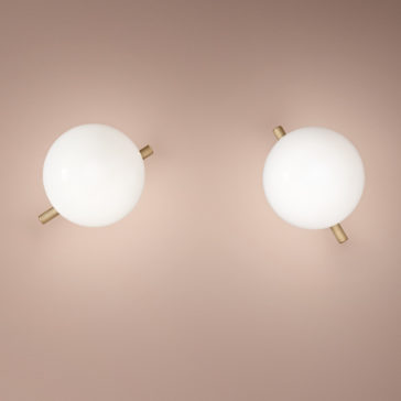 Modern Murano Glass Wall Light Two Modern Murano Glass Wall Lights with frosted covers are mounted on a neutral-toned wall. These minimalist lights feature brass or gold-tone horizontal rods that intersect the white orb lights, adding a sophisticated touch to any room.