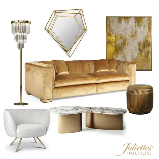 A luxurious interior setup reminiscent of the grandest rooms of Queen Elizabeth, featuring a gold velvet sofa, a geometric gold frame wall mirror, abstract wall art, a crystal floor lamp, a modern marble coffee table with a gold base, a white upholstered accent chair, and a gold metallic side table. Text reads “Juliettes Interiors”.
