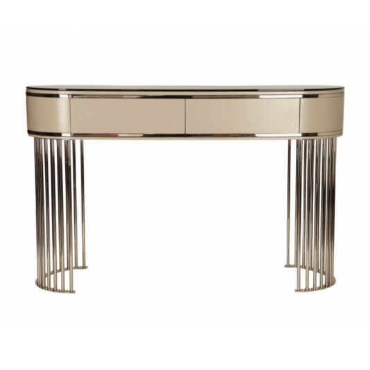 The Modern Art Deco Style Console Table features a glossy beige surface, two central drawers, and an oval shape. It stands on two sets of sleek, vertical metal rods arranged in a semicircular design at both ends.