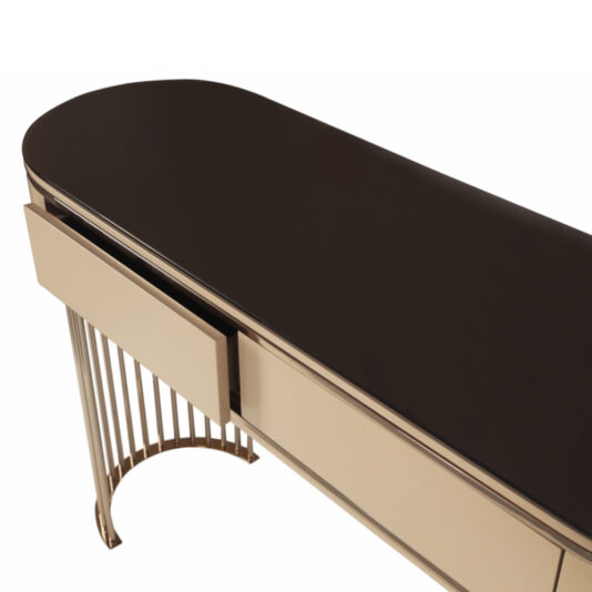 The Modern Art Deco Style Console Table boasts an elegant dark, oval-shaped tabletop paired with a light-colored body. It features a single open drawer and a base adorned with multiple slender, vertical gold bars, creating a sophisticated and contemporary look.