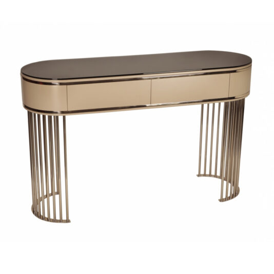 The Modern Art Deco Style Console Table boasts an oval top with two small drawers. It features a sleek beige finish and is supported by two sets of vertical metal rods for legs, creating a contemporary and elegant design.