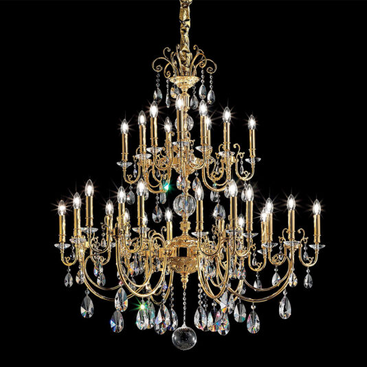 The Classic Gold Transparent Chandelier is a large, opulent lighting fixture featuring numerous glowing candle-like bulbs. Its intricate transparent branches are adorned with hanging crystals and beads, creating a luxurious and elegant design against a black background.