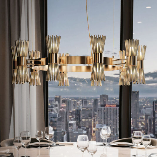 A modern dining room with a round table set for four, featuring elegant dinnerware and glassware. Above the table hangs the stunning Contemporary Gold Plated Chandelier with multiple light fixtures. Large windows in the background showcase a cityscape at dusk.