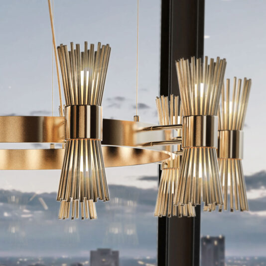 Contemporary Gold Plated Chandelier A Contemporary Gold Plated Chandelier featuring vertical rods surrounding the bulbs illuminates the space in front of a large window. The window offers a view of a cityscape at dusk, with soft light and partially cloudy skies. This elegant chandelier adds a touch of luxury to the room.