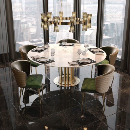 Contemporary Gold Plated Chandelier A luxurious dining area features a round marble table set for four with gold accents and green velvet chairs. The Contemporary Gold Plated Chandelier hangs stylishly above the table, casting a warm glow. Large windows offer a panoramic city view, while the glossy dark floor enhances the elegant ambiance.