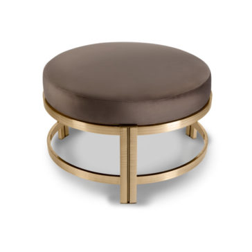 Contemporary Round Bench The Contemporary Round Bench is a round, dark brown cushioned piece with a luxurious golden metal frame. The base showcases a modern, open circular design with four vertical supports connecting the frame to the cushion. This bench pairs perfectly with contemporary luxury glass coffee tables for a sleek and sophisticated appearance.