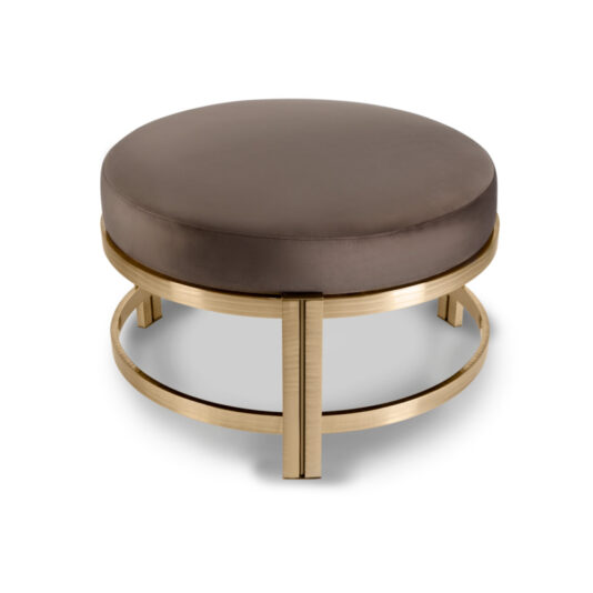 The Contemporary Round Bench is a round, dark brown cushioned piece with a luxurious golden metal frame. The base showcases a modern, open circular design with four vertical supports connecting the frame to the cushion. This bench pairs perfectly with contemporary luxury glass coffee tables for a sleek and sophisticated appearance.