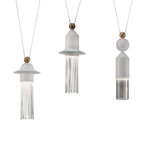 Contemporary White LED Pendant Light Cluster The Contemporary White LED Pendant Light Cluster hangs gracefully from the ceiling, showcasing three modern fixtures with distinctive geometric shapes and frosted glass designs. The left light features a conical shape adorned with fringe-like elements, the middle boasts a hexagonal form with similar fringe details, and the right displays a sleek cylindrical design.