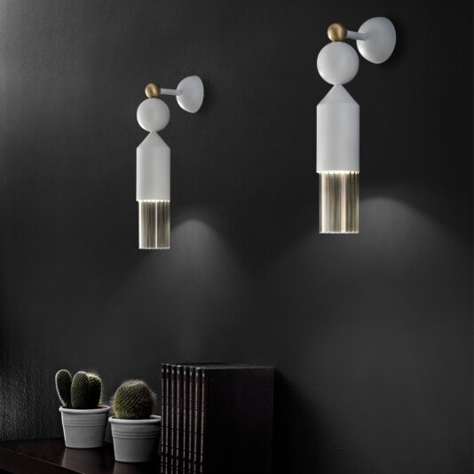 A modern, minimalist room featuring two Contemporary White LED Wall Lights on a dark wall. Below them is a small shelf holding three potted cacti and a stack of hardcover books with dark spines. The lighting creates a soft, ambient glow.