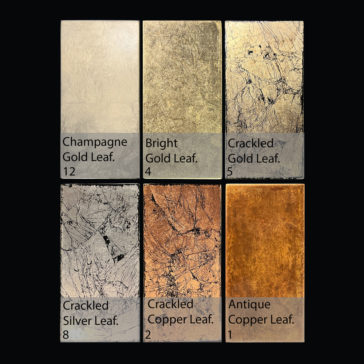 Exclusive Silver Leaf Console Table Six rectangular tiles, showcasing a variety of metallic finishes, are elegantly displayed against a black background. From left to right and top to bottom, the tiles are labeled: