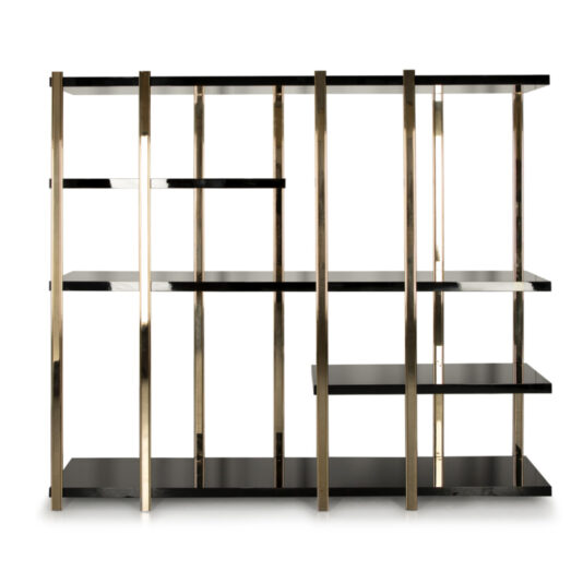 The Large Contemporary Open Bookcase features black shelves with metallic gold vertical supports. Its design boasts asymmetrical shelf placement for a geometric and contemporary appearance. The shelves come in various sizes, offering versatile storage and display options.