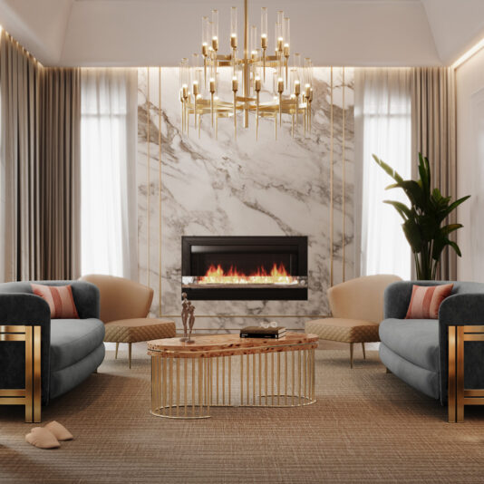 Modern Burl Veneer Coffee Table A modern living room with a marble accent wall featuring a sleek fireplace. Two blue sofas with gold accents, a round Modern Burl Veneer Coffee Table, and a large chandelier create an elegant atmosphere. Large windows with curtains flank the accent wall, and a potted plant stands to the right.