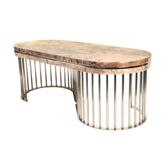 Modern Burl Veneer Coffee Table A modern oval-shaped coffee table with a marble top and a distinctive base made of vertical, evenly spaced metal rods. The rods are elegantly curved to mirror the table's shape, delivering a sleek and contemporary aesthetic. Elevate your space with this stylish piece or consider our Modern Burl Veneer Coffee Table for another chic option.