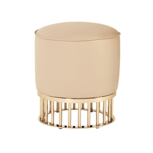 Modern Leather Footstool The Modern Leather Footstool features a beige upholstered round cushion seat and a shiny gold metal base with vertical bars. Its sleek, modern design makes it a stylish addition to any contemporary interior, adding both comfort and elegance to your space.