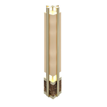 Modern Marble Floor Lamp The Modern Marble Floor Lamp boasts a sleek, tall, and rectangular design. It features vertical gold-toned metal frames, a central frosted glass panel, and a marble base, creating an overall elegant appearance.